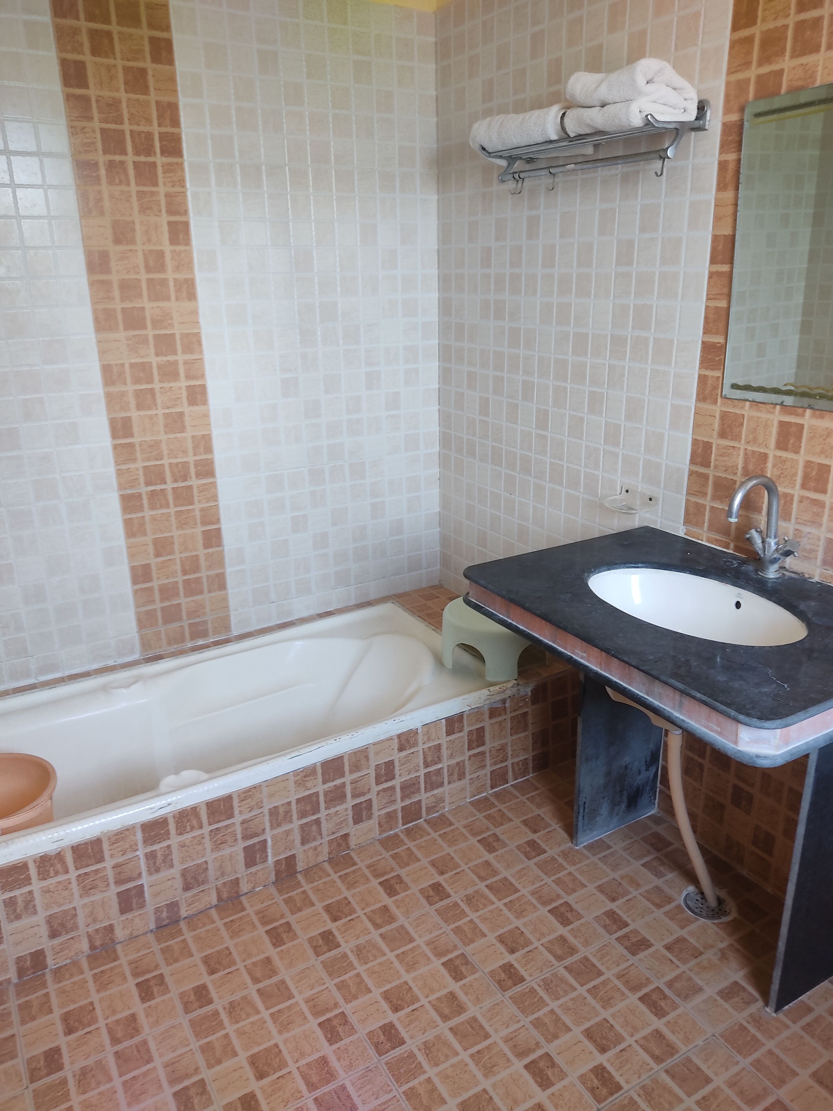 Une salle de bain avec une baignoire, un lavabo et un porte-serviettes.