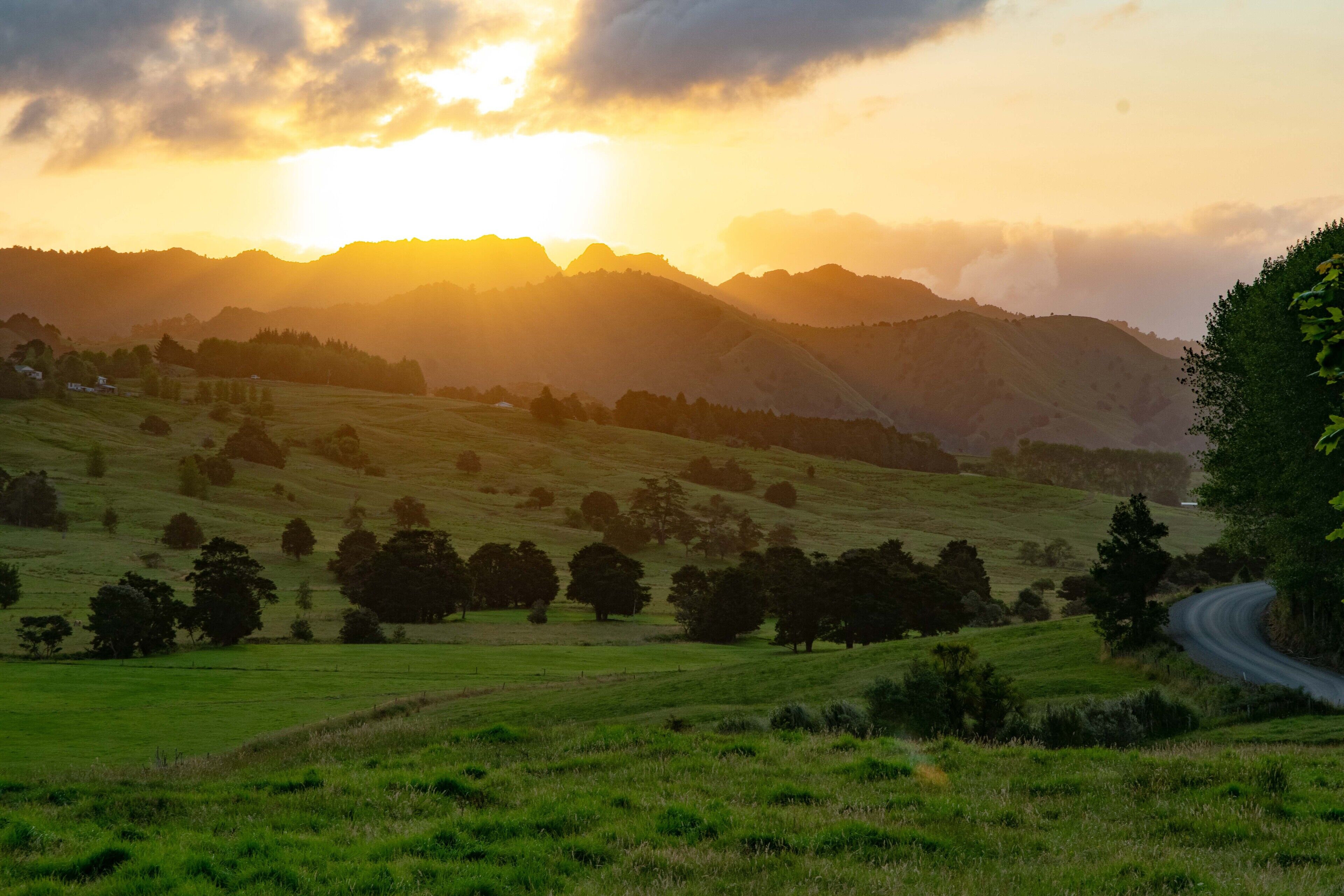 A scenic landscape with rolling hills, a winding road, and a sunset in the background.