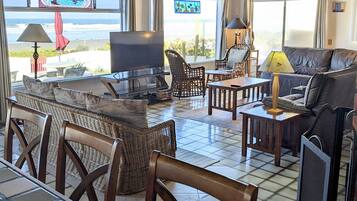 Smart TV, fireplace, books