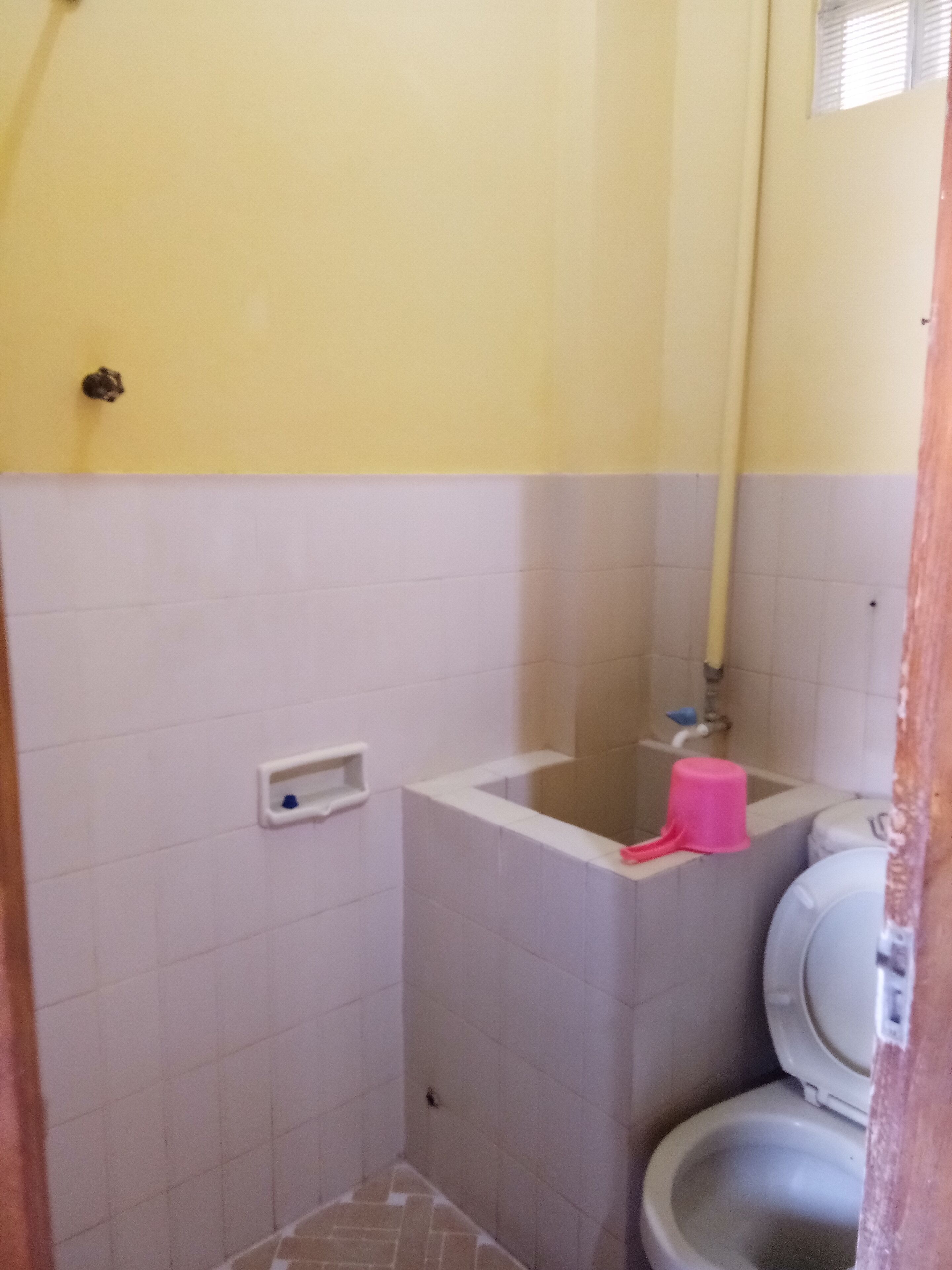 Une petite salle de bain comprenant des toilettes, un lavabo et un espace douche.