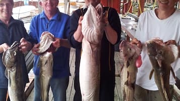 A wooden deck with people holding fish.