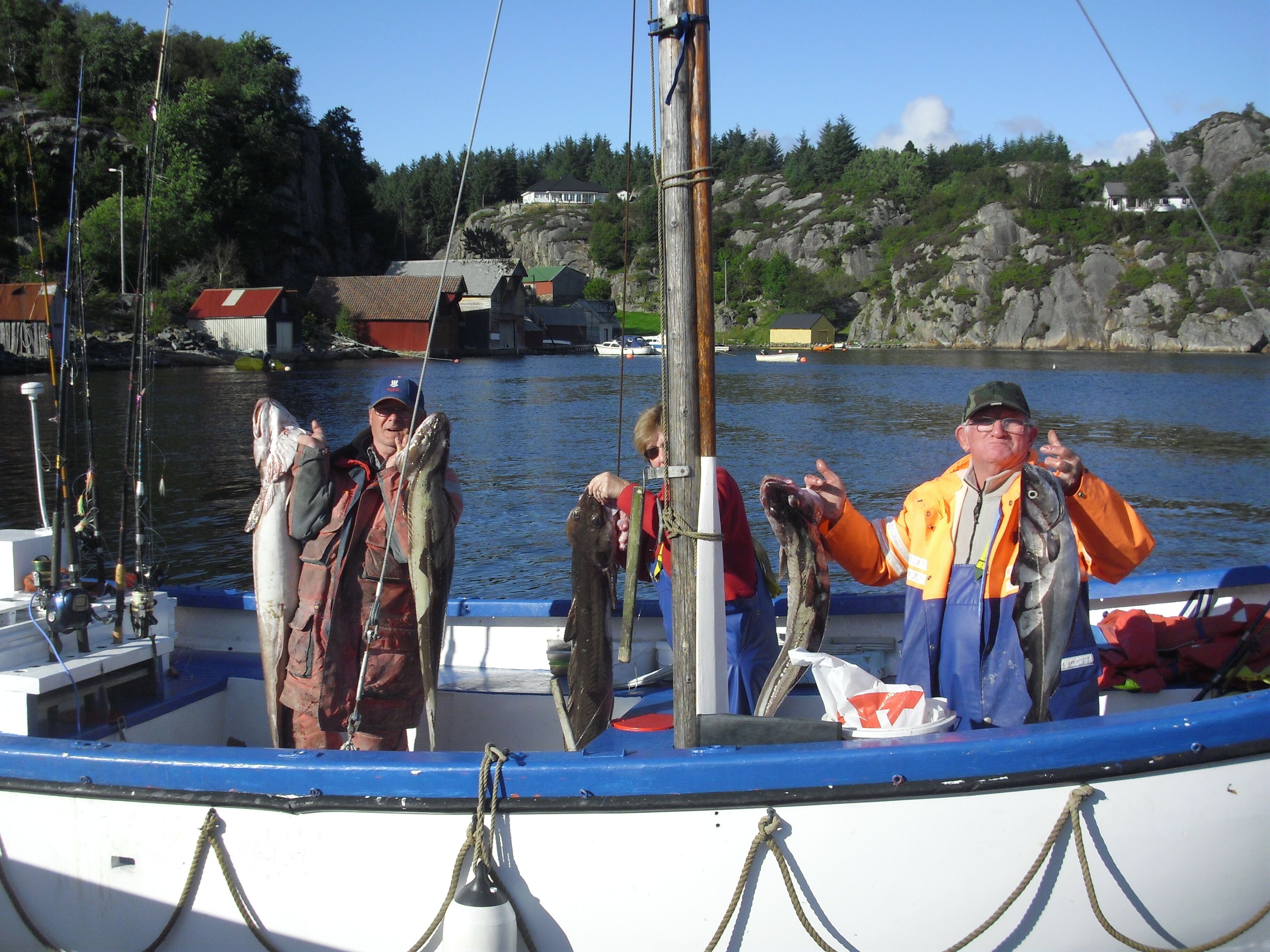 A boat docked at a harbor with fishing rods and fish, surrounded by rocky terrain and houses in the background.