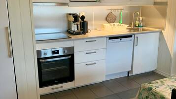 A compact kitchen with white cabinets, a microwave, a coffee maker, and a dishwasher.