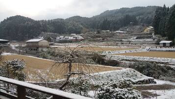 A rural landscape with snow-covered fields, houses, and a mountain in the background.