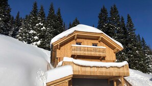 A wooden chalet with a balcony, surrounded by snow-covered trees. - Mankerl Hut, Austria (Schönberg-Lachtal)