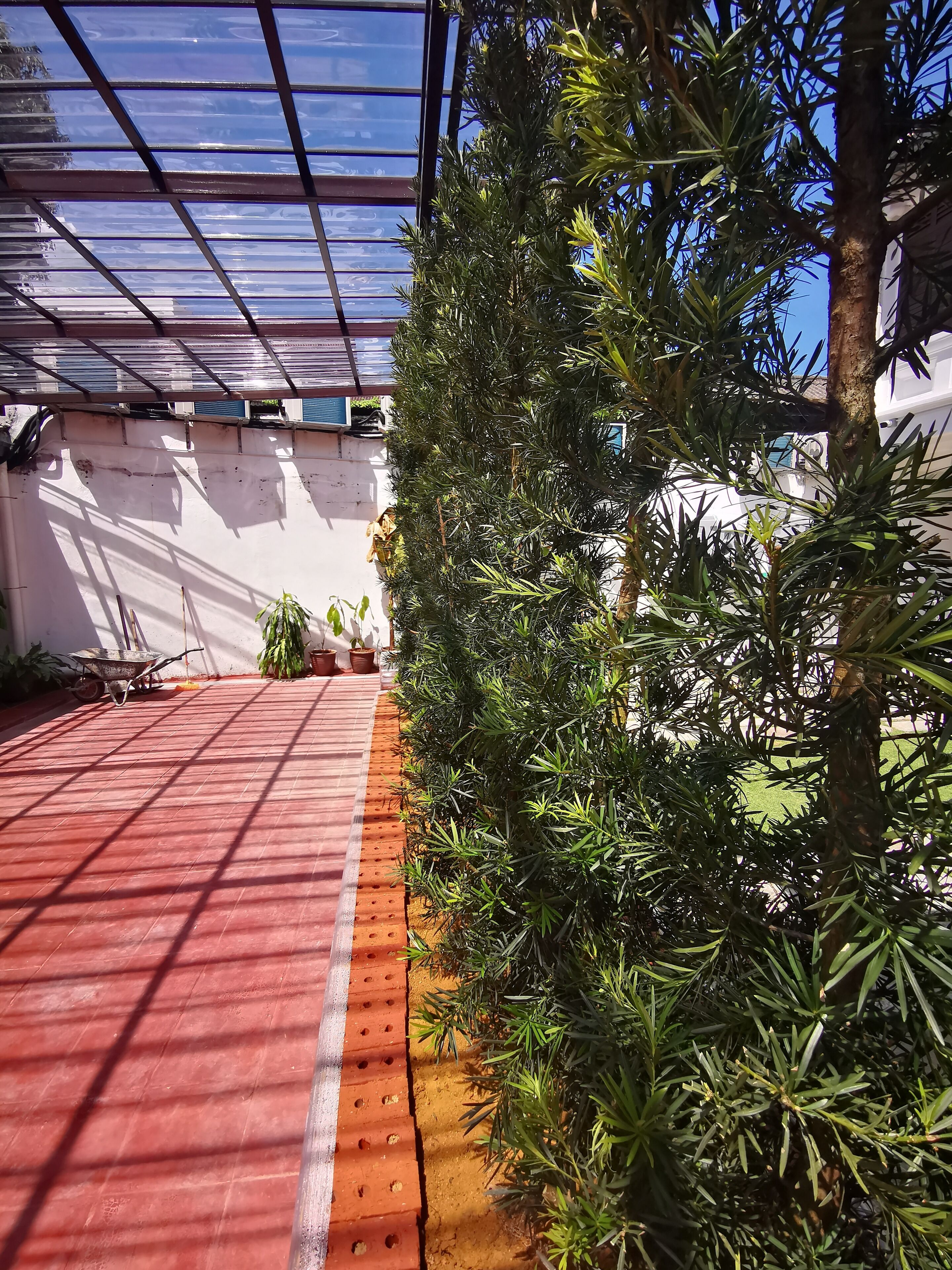 A covered outdoor area with a red floor, potted plants, and a metal structure.