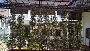 A covered outdoor area with a wooden floor, surrounded by potted trees and a glass ceiling structure. - Mclane Boutique Hotel (George Town)
