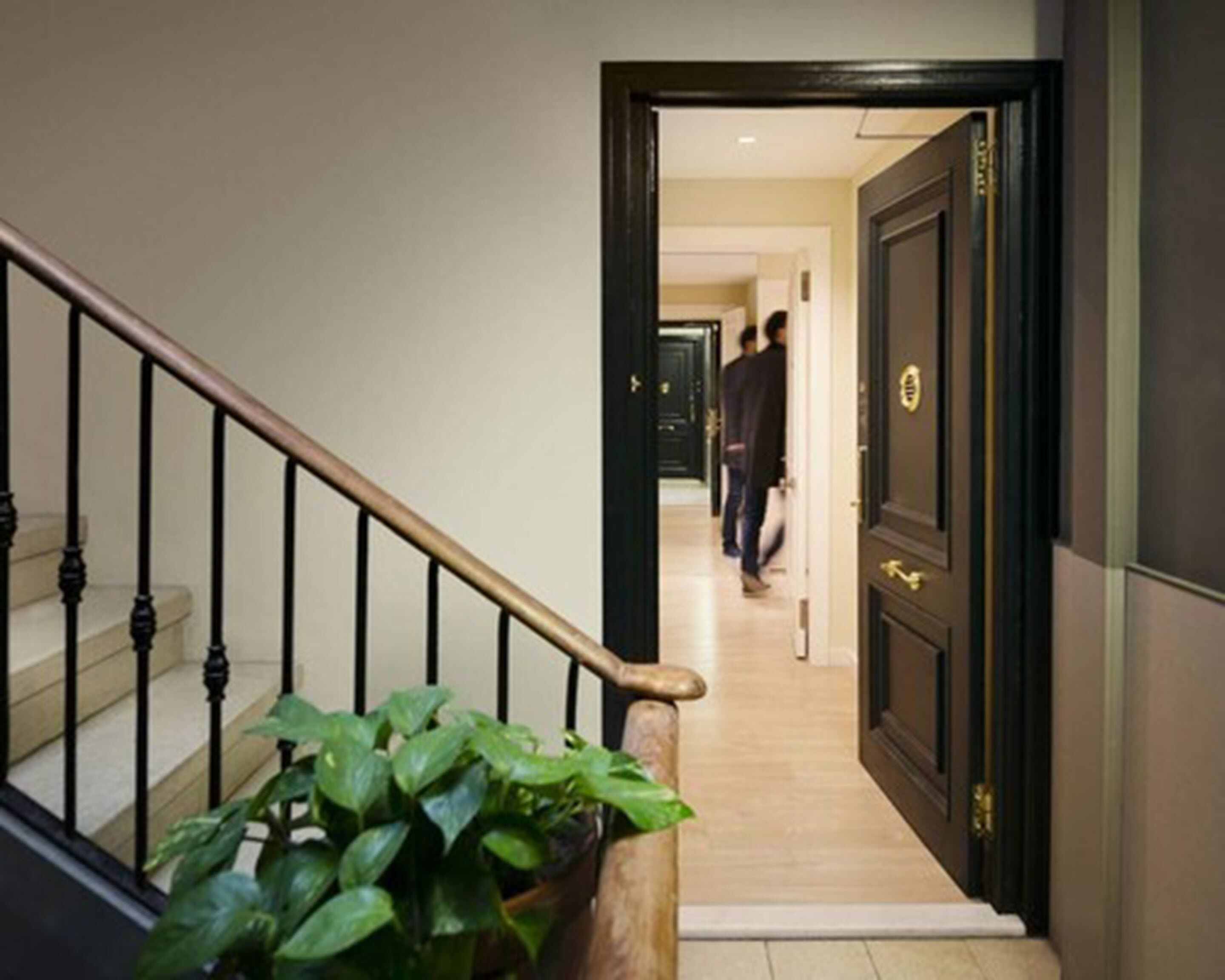 A staircase leading to a dark wooden door with a brass handle. A potted plant is visible on the left side of the staircase.