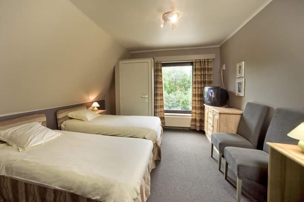 A small, cozy room with two beds, a desk with a chair, a television, and a window with curtains.