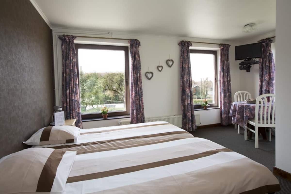A hotel room with two beds, a table with chairs, a TV, and a window with curtains.