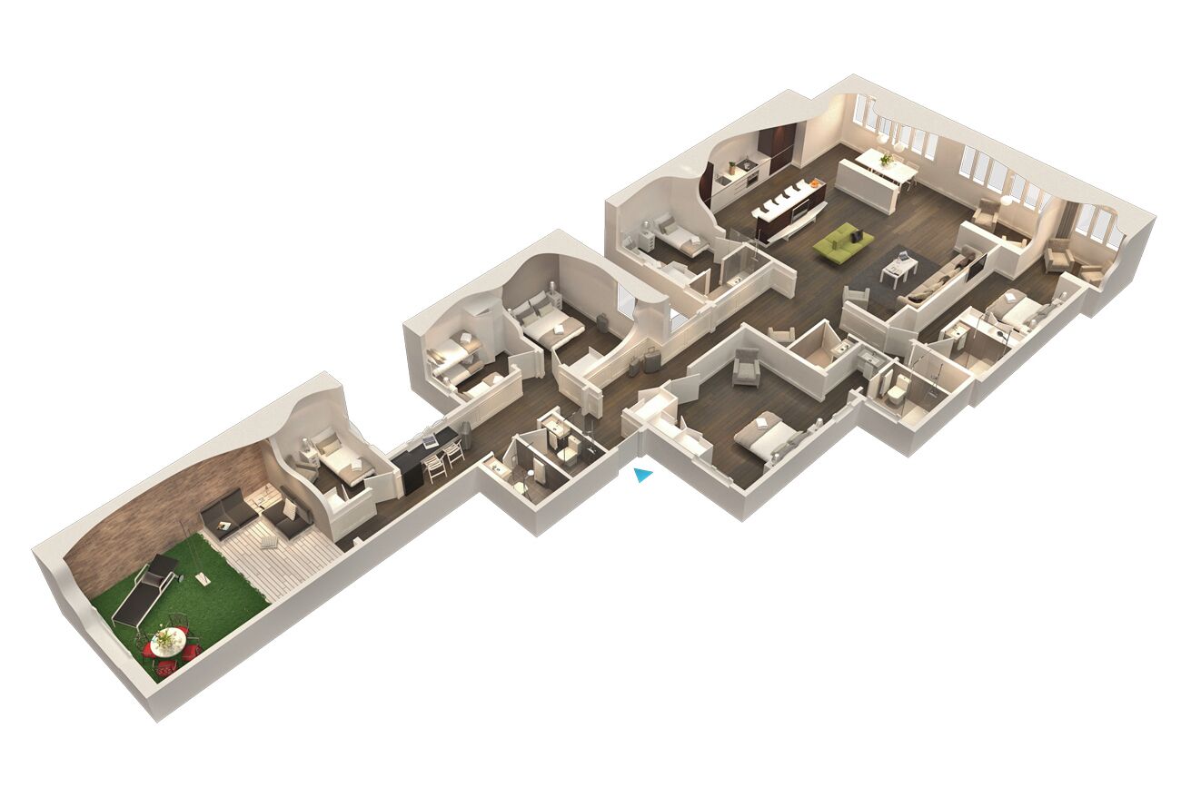 Ein 3D-Grundriss einer modernen Wohnung mit mehreren Schlafzimmern, einem Wohnbereich, einer Küche und einem kleinen Außenbereich.