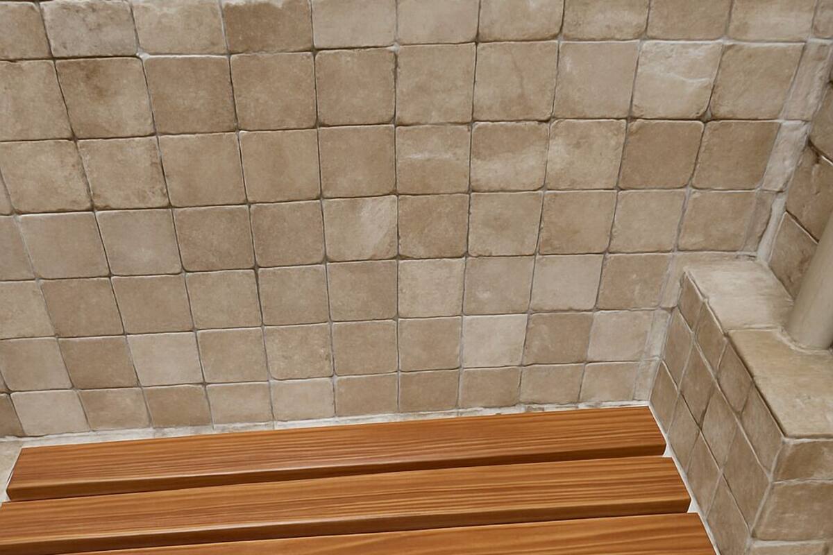 A tiled wall with a wooden bench.