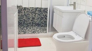 Une salle de bain avec une douche carrelée, des toilettes blanches et un lavabo avec un robinet.