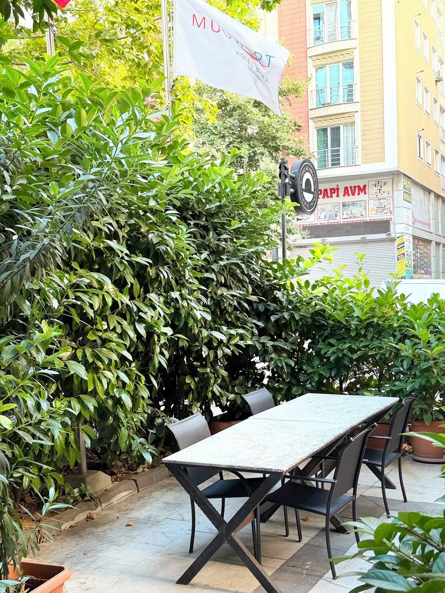 A patio area with a table and chairs, surrounded by dense greenery.