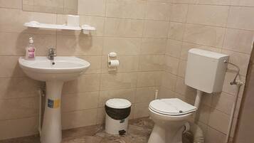 Un baño pequeño con lavamanos, inodoro y un cubo de basura.