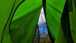 Una carpa con vistas a árboles y un cielo azul a través de la entrada.