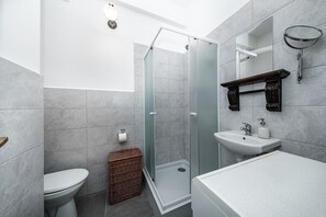 A modern bathroom with a glass shower enclosure, a white sink, and a toilet.