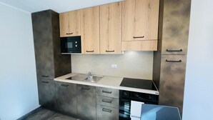 A compact kitchen with wooden upper cabinets, a stainless steel sink, and a built-in microwave. - Villa Linda - STUDIO sleeps 4 (Bardonecchia)
