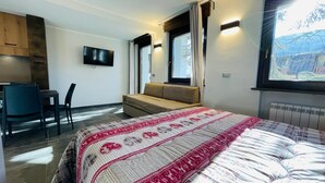 A bedroom with a bed, a sofa, a TV, and a window with a view. - Villa Linda - STUDIO sleeps 4 (Bardonecchia)