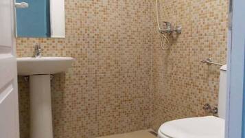 Un bany amb una paret de dutxa revestida de rajoles, un lavabo i un vàter.