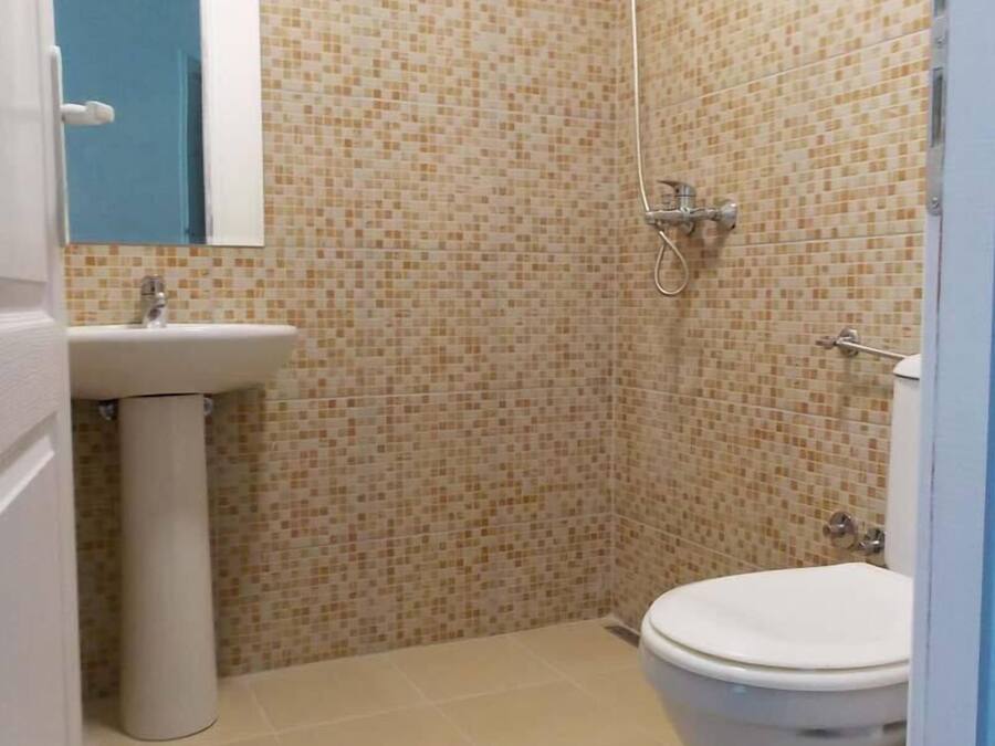 Un bany amb una paret de dutxa revestida de rajoles, un lavabo i un vàter.