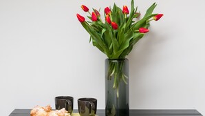 A table with a vase of red tulips, two black mugs, and a plate with croissants. - Friendy Apartment    (Kraków)