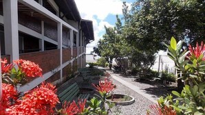 A building with a covered outdoor seating area, surrounded by potted plants and trees. - Pousada Vale do Gravatá (Gravata)