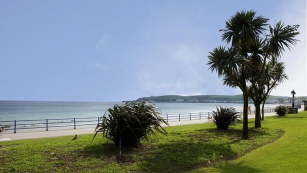 A coastal promenade with palm trees, a fence, and a view of the sea. - Penta Hotel (Douglas)