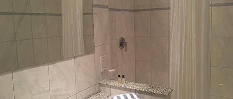 A modern bathroom with a shower, a sink, and a mirror.