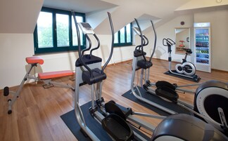 A gym with treadmills, an elliptical, and a bench.