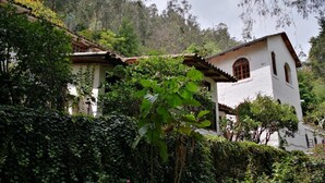 Un edificio blanco con techo de tejas rojas, rodeado de abundante follaje y árboles.