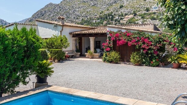 Un espace piscine avec une eau d’un bleu limpide, entouré de plantes en pot et agrémenté d’une terrasse avec des sièges d’extérieur.