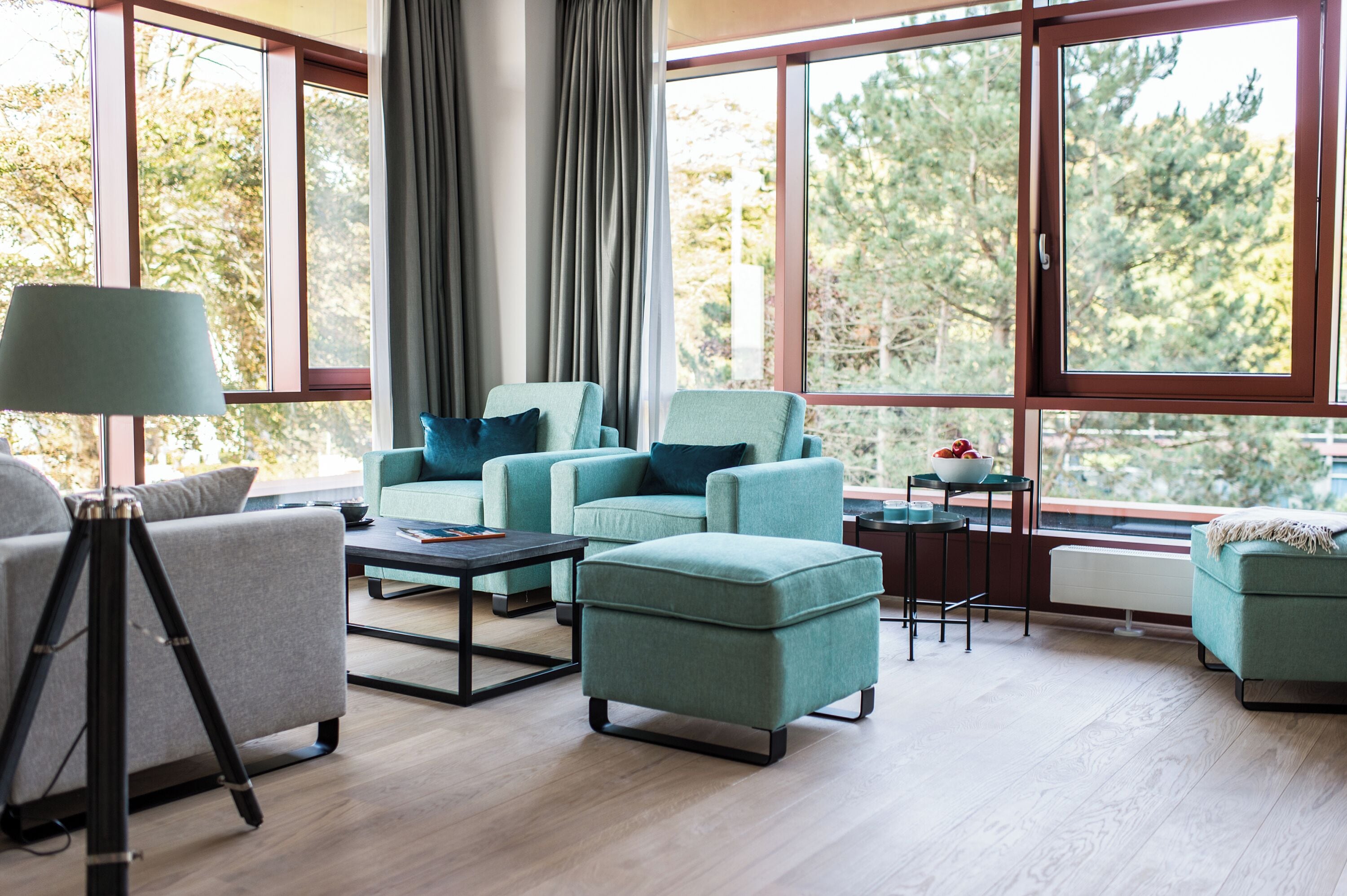 A modern living room with large windows, a tripod, and a table with a bowl.
