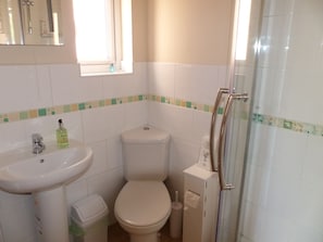 Un baño con inodoro, lavamanos y cabina de ducha de cristal.