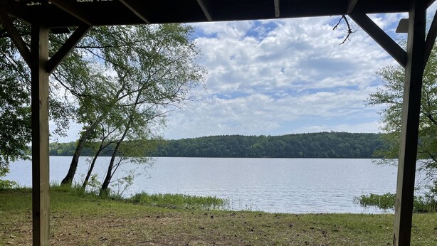 Ein Pavillon mit Blick auf einen See und Wald.