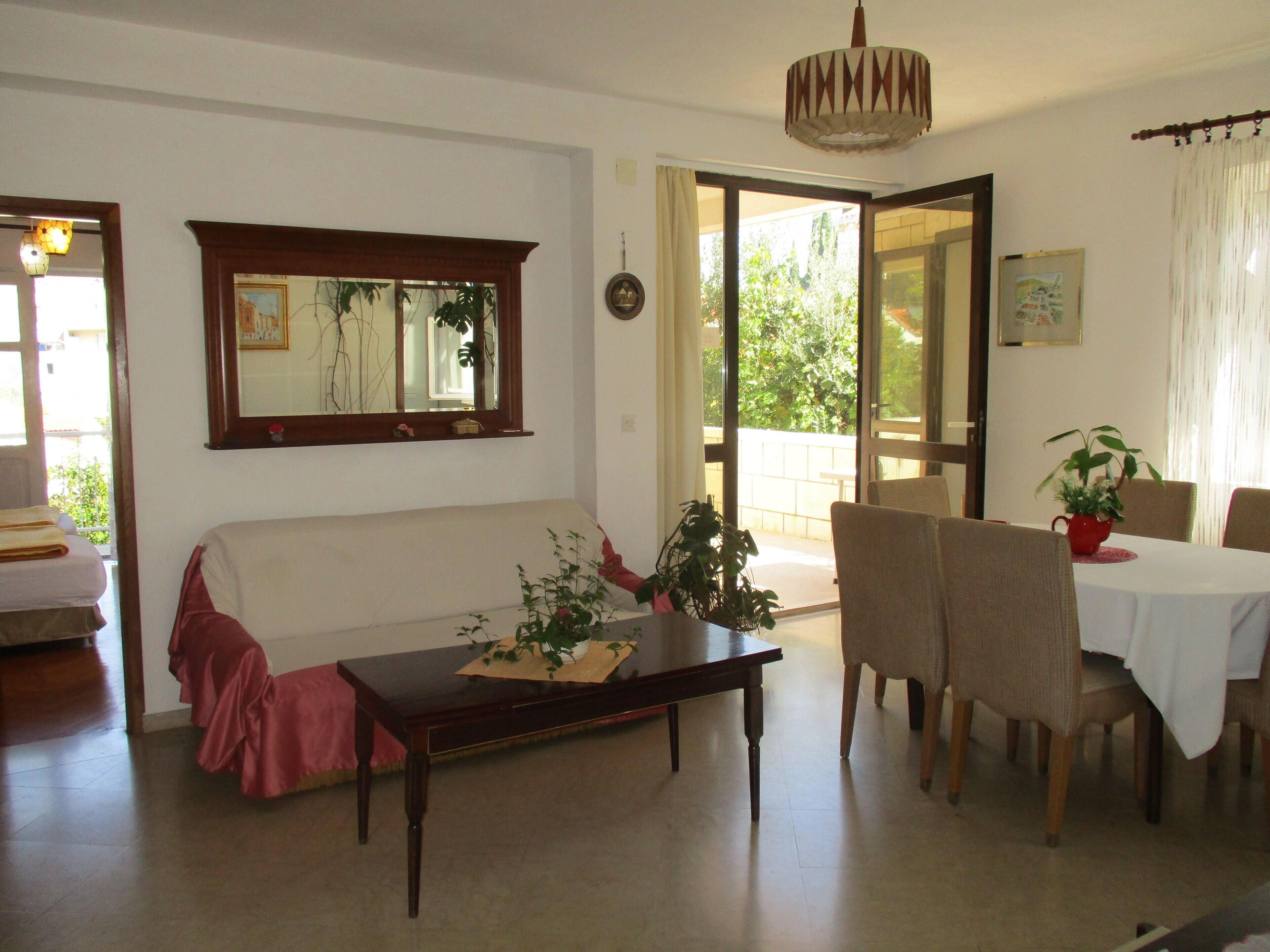 A living room with a sofa, a coffee table with a plant, and a dining area with chairs and a table.