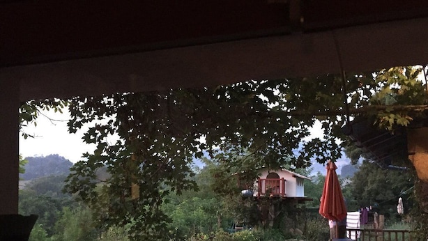 A patio area with a wooden table and chairs, a red umbrella, and a view of a house and greenery in the background. - La Coquille Napoléon (Uhart-Cize)