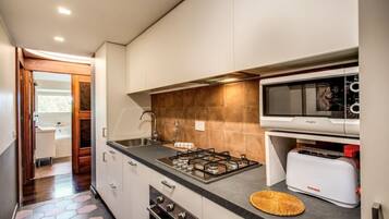 Apartamento, 2 quartos | Cozinha privada | Geladeira grande, micro-ondas, fogão, cooktop