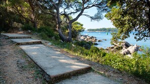 A concrete pathway leading to a coastal area with trees and a view of the sea. - Apartment Filip (Dubrovnik)