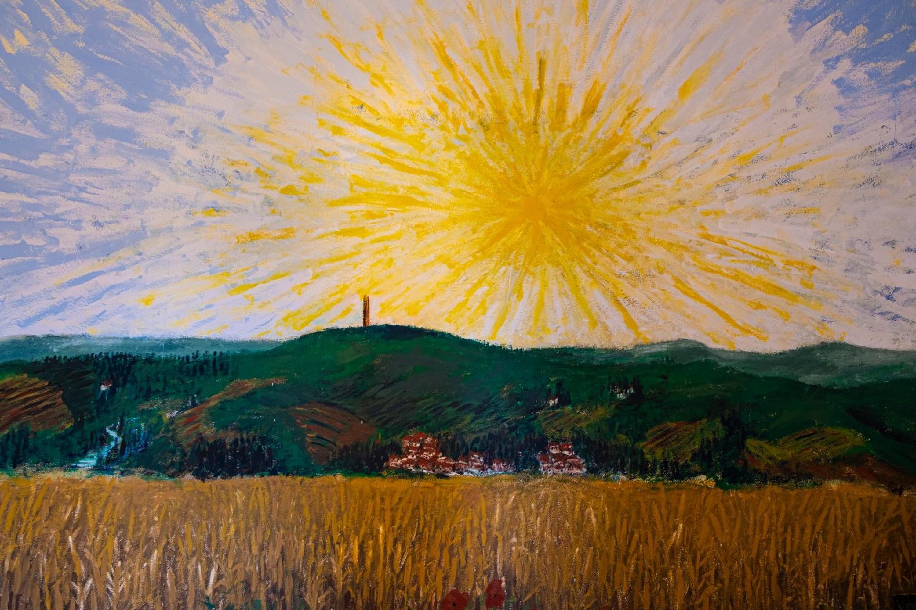 A landscape painting with a prominent sunburst in the sky, green hills, and a field in the foreground.