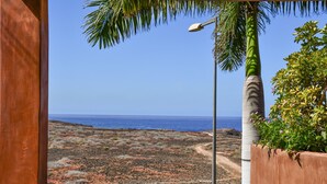 A view through a window with a clear sky, a palm tree, and a coastal landscape. - Bahia - Alzaro 1.3 DELUXE SEA VIEW & JACUZZI 3B (Arona)