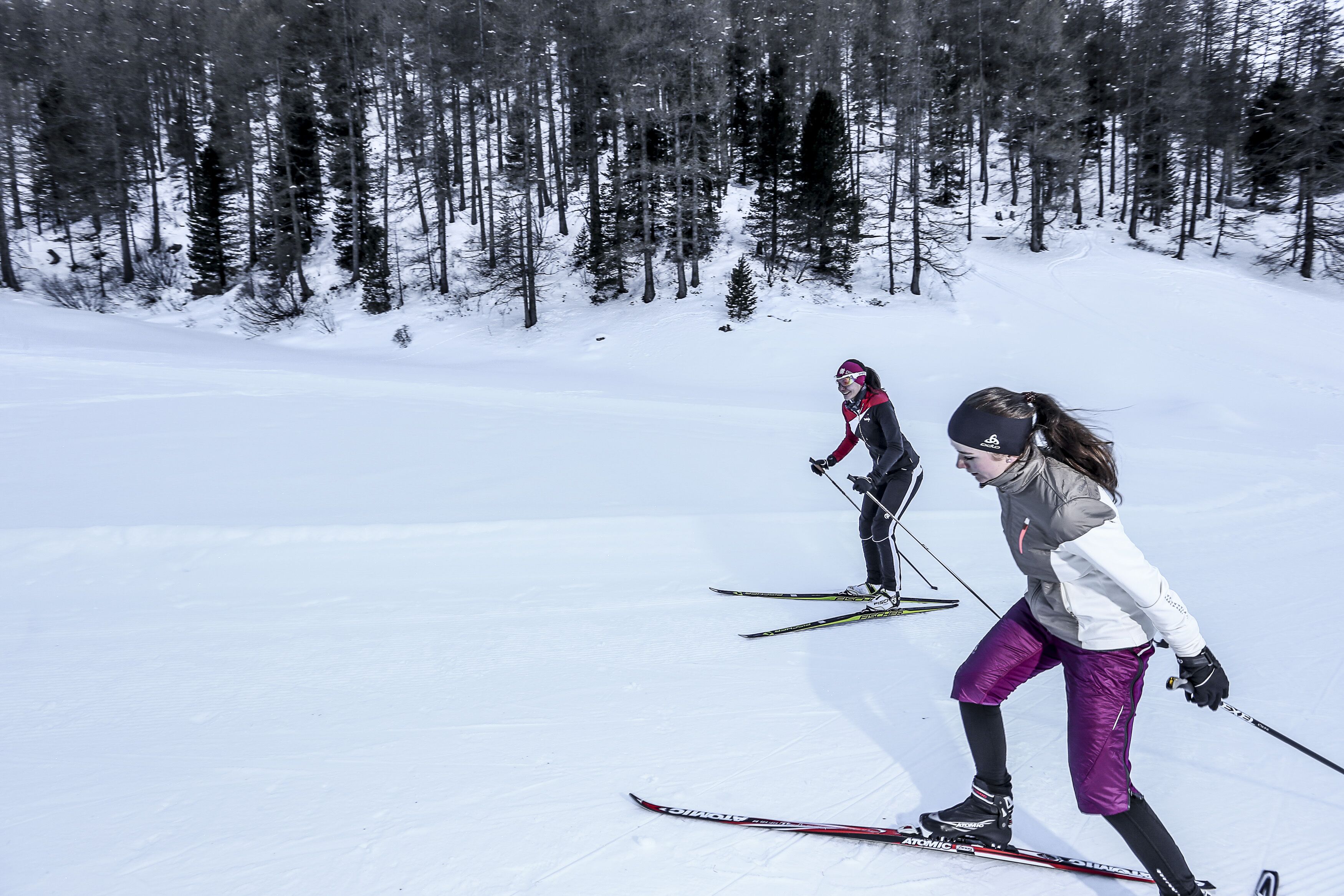 A snowy ski slope with trees in the background.