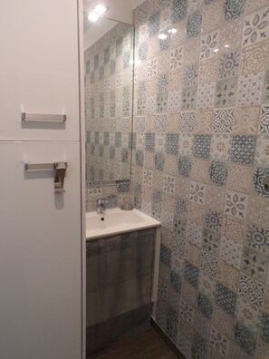 Regadera, secadora de cabello, toallas, papel de baño 
