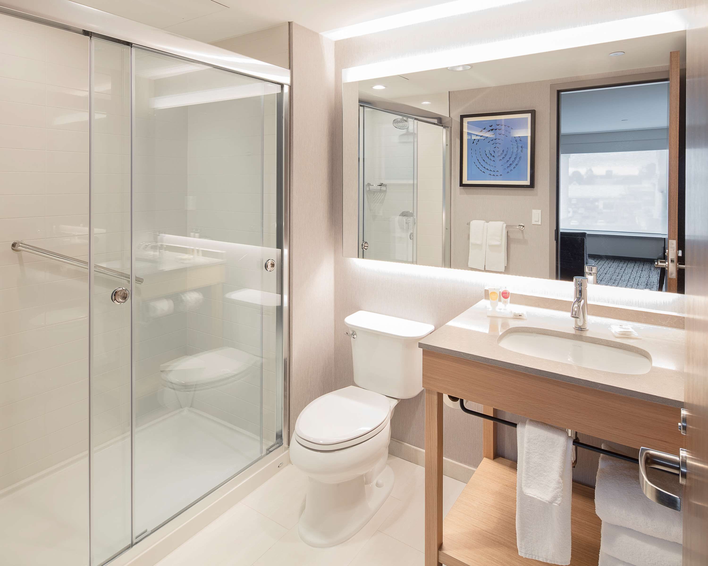 shower, designer toiletries, hair dryer