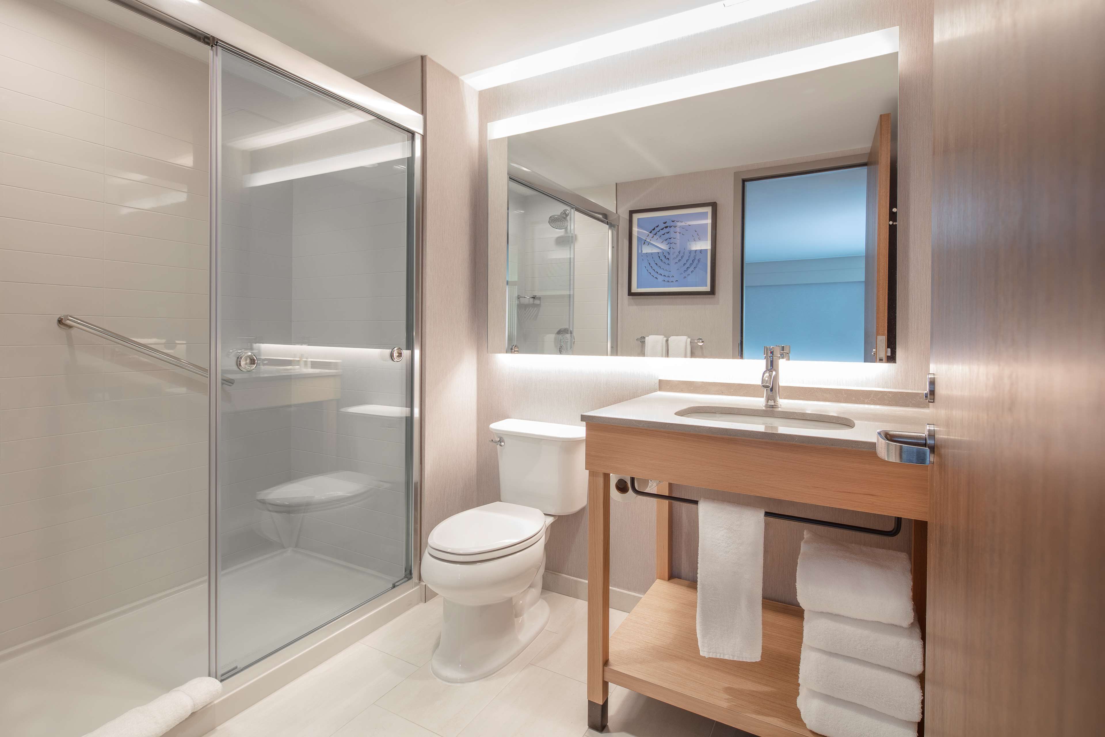 shower, designer toiletries, hair dryer