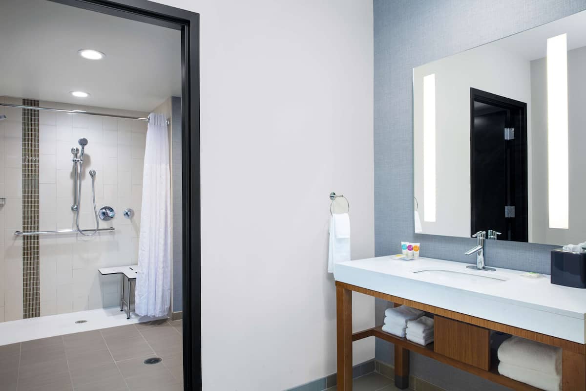 A modern bathroom with a shower, sink, and mirror.