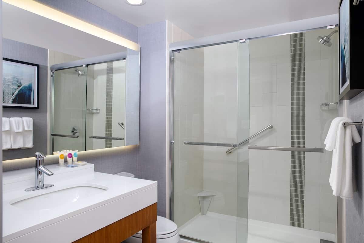 A modern bathroom with a glass-enclosed shower, a white sink, and a large mirror.