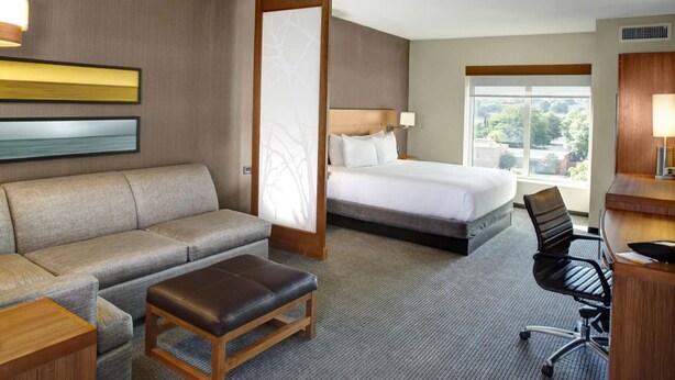 Quarto de hotel com sofá, cama, escrivaninha e cadeira.