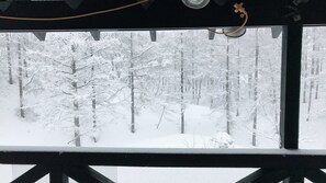 A snowy forest scene through a window with a metal railing. - Alpages Madarao (Myoko)