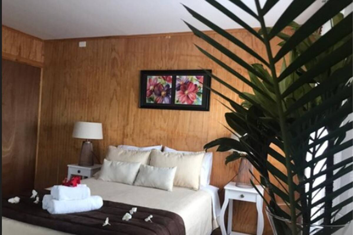Een hotelkamer met een houten wand, een bed met witte beddengoed, een nachtkastje met een lamp, een lijst met bloemistisch kunstwerk, en een potplant.